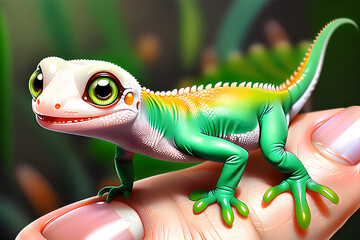 A cute little green gecko lizard's smile. Generative AI.