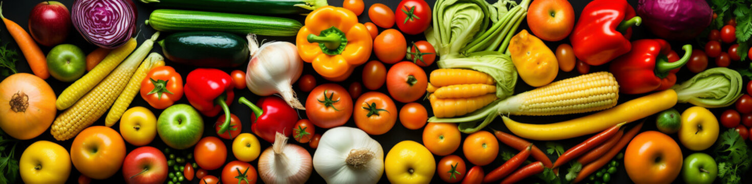 Vegetables and fruit in a broad panoramic picture - healthy eating, vitamins and micronutrients