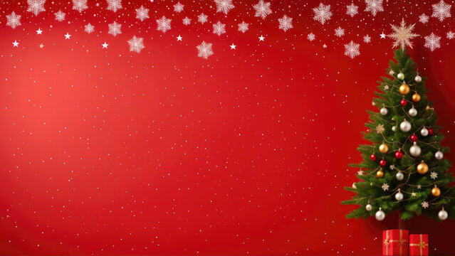 red christmas background with decorated christmas tree and presents