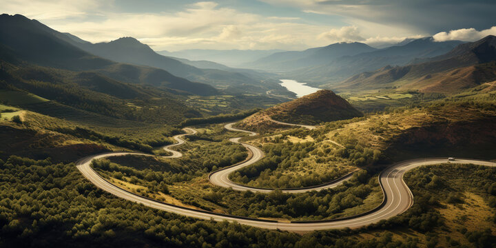 Winding road cuts through the landscape, a journey that curves and bends with the contours of the land