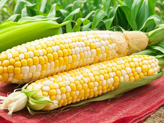 Top view fresh raw corn yellow plant on a dark-light table color green photo