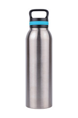 Stainless steel water bottle isolated on white background.