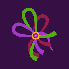 Element of decoration for carnival Mardi gras. Rosette brooch made of multicolored ribbons. Traditional holiday colors Mardi gras. Fat tuesday, festival. For design of greeting card, gift packaging