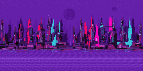 Flat Simple Abstract Futuristic Sci-fi Cyber Space City Landscape Vector Illustration Background