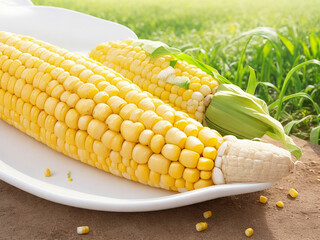 Top view fresh raw corn yellow plant on a dark-light table color green photo