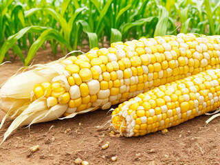 Top view fresh raw corn yellow plant on a dark-light table color green photo