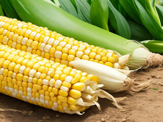 Top view fresh raw corn yellow plant on a dark-light table color green photo