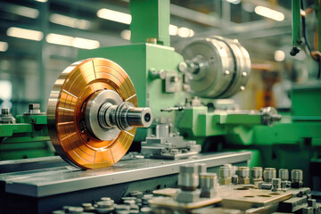 Photo of an industrial machine processing metal. Modern metal processing at an industrial enterprise. Manufacturing of high-precision parts and mechanisms.