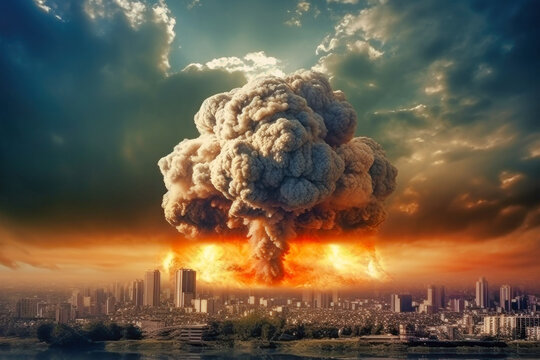 Violent explosion against the backdrop of a large city. Sunset. Apocalypse. War. Nuclear threat. Third World War. Attack on a peaceful city