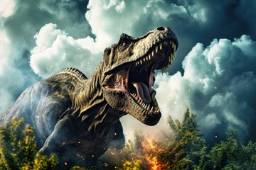 A huge dinosaur Tyrannosaurus T-rex against the backdrop of the primeval jungle. Prehistoric owner of the planet. A terrible predator. - obrazy, fototapety, plakaty