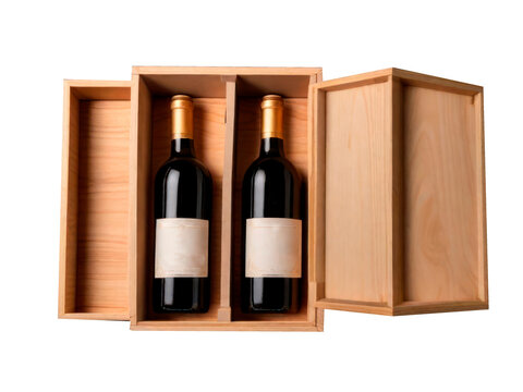 two bottles of wine in a wooden box isolated