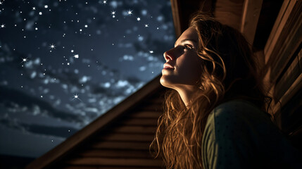 きれいな星空をベランダから見上げている髪の長い女性 - obrazy, fototapety, plakaty
