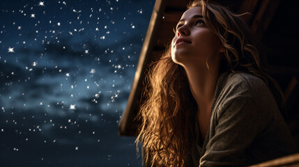 きれいな星空を窓から見上げている髪の長い女性 - obrazy, fototapety, plakaty