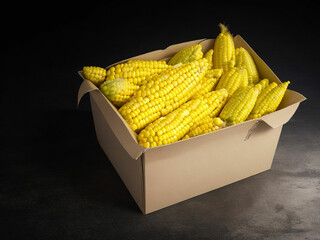 Top view fresh raw corn yellow plant on a dark-light table color green photo