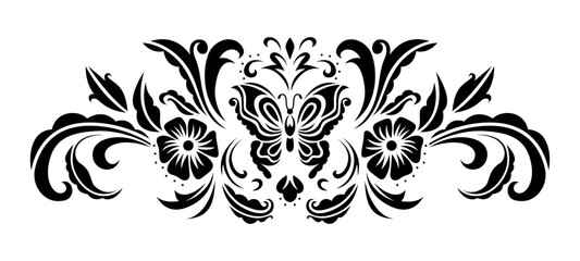 Vintage symmetrical floral ornament with butterfly and flowers isolated on white background.