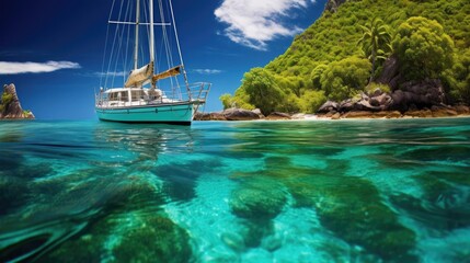 Yacht in the bay with blue clear water