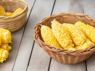 Top view fresh raw corn yellow plant on a dark-light table color green photo