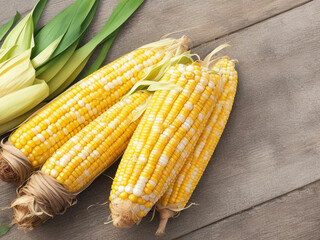 Top view fresh raw corn yellow plant on a dark-light table color green photo