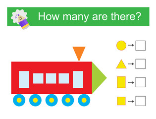 Math activity for kids. How many geometric shapes? Cartoon transport.