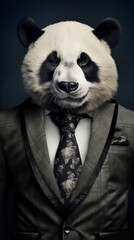 Panda dressed in a classy dark suit, standing as a confident leader and a powerful businessman. Fashion portrait of an anthropomorphic animal posing with a charismatic human attitude © mozZz