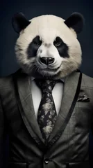 Panda dressed in a classy dark suit, standing as a confident leader and a powerful businessman. Fashion portrait of an anthropomorphic animal posing with a charismatic human attitude © mozZz