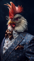 Chicken dressed in an elegant suit with a nice tie. Fashion portrait of an anthropomorphic animal, bird, hen posing with a charismatic human attitude © mozZz