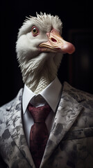 Goose dressed in an elegant white suit with a nice tie, confident and classy. Fashion portrait of an anthropomorphic animal, bird, posing with a charismatic human attitude © mozZz