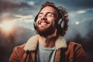 Happy handsome man listening to music wearing headphones, outdoor portrait. AI generative