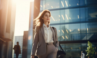 Fototapeta premium Urban Elegance, Confident Business Woman Strides Amidst Towering Office Skyscrapers