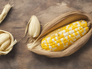 Top view fresh raw corn yellow plant on a dark-light table color green photo