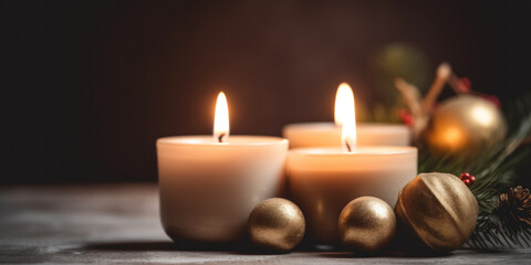 Candles with Christmas decorations, banner with copy space.