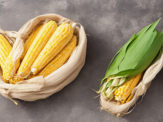 Top view fresh raw corn yellow plant on a dark-light table color green photo
