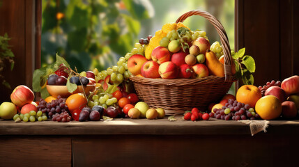 Abundant Harvest, Colorful Fruits Arranged on Wooden Table with Orchard Background