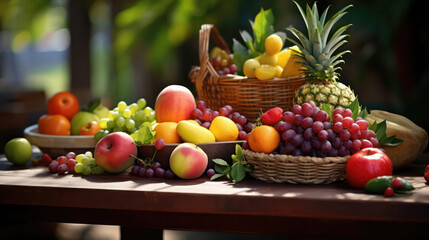 Abundant Harvest, Colorful Fruits Arranged on Wooden Table with Orchard Background