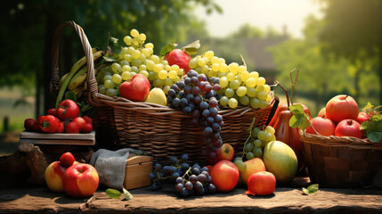 Obraz premium Abundant Harvest, Colorful Fruits Arranged on Wooden Table with Orchard Background