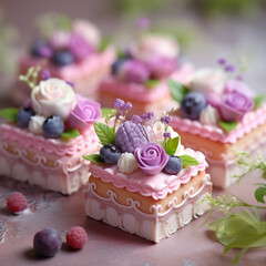 Obraz na płótnie Canvas Valentins Tag Decor. French cakes – small, tasty, beautiful petit fours with romantic decor and packaging . Ai generative