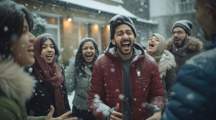 People from diverse cultures enjoying a snowy game of charades - obrazy, fototapety, plakaty