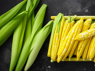 Top view fresh raw corn yellow plant on a dark-light table color green photo