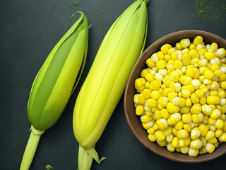Top view fresh raw corn yellow plant on a dark-light table color green photo