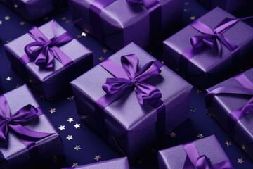 Obraz na płótnie Canvas Top view of purple gift boxes with ribbon and bow.