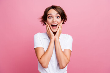Photo of young lady with bob hair touch cheeks wear blouse impressed reaction her boyfriend...