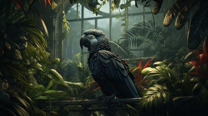 A black palm cockatoo framed by a curtain of lush ferns, a primeval tableau of life in the rainforest. - obrazy, fototapety, plakaty