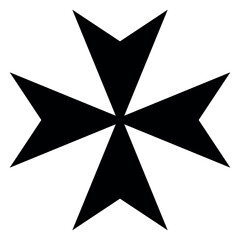 Maltese cross, black and white vector silhouette illustration of heraldic cross shape, isolated on white