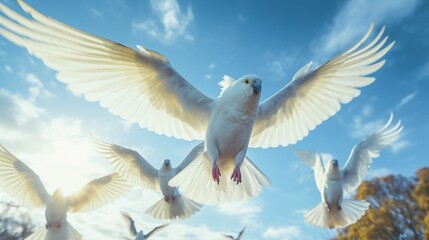A flock of cockatoos taking flight, their wings a blur of motion as they soar through a cerulean sky.