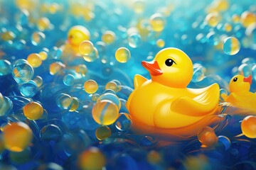 Yellow rubber duck and bubbles on blue background. Abstract background for National Rubber Duckie Day 
