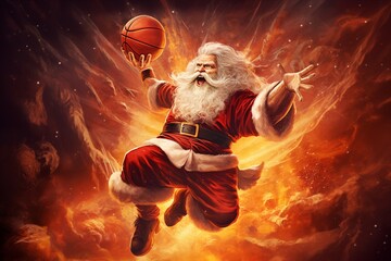Santa Claus as basketball player slam dunking the ball in basket in festive explosion Christmas illustration - obrazy, fototapety, plakaty