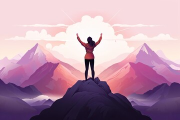 woman stand on cliff on mountain view illustration - obrazy, fototapety, plakaty