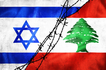 Grunge flags of Israel and Lebanon divided by barb wire illustration
