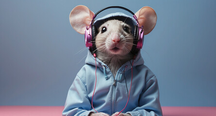 mouse in a clothes listening to music - obrazy, fototapety, plakaty
