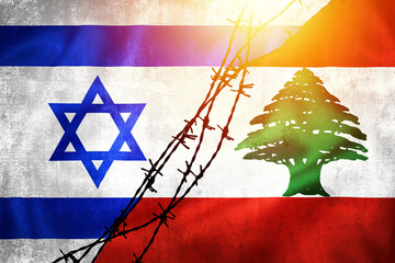 Grunge flags of Israel and Lebanon divided by barb wire sun haze illustration